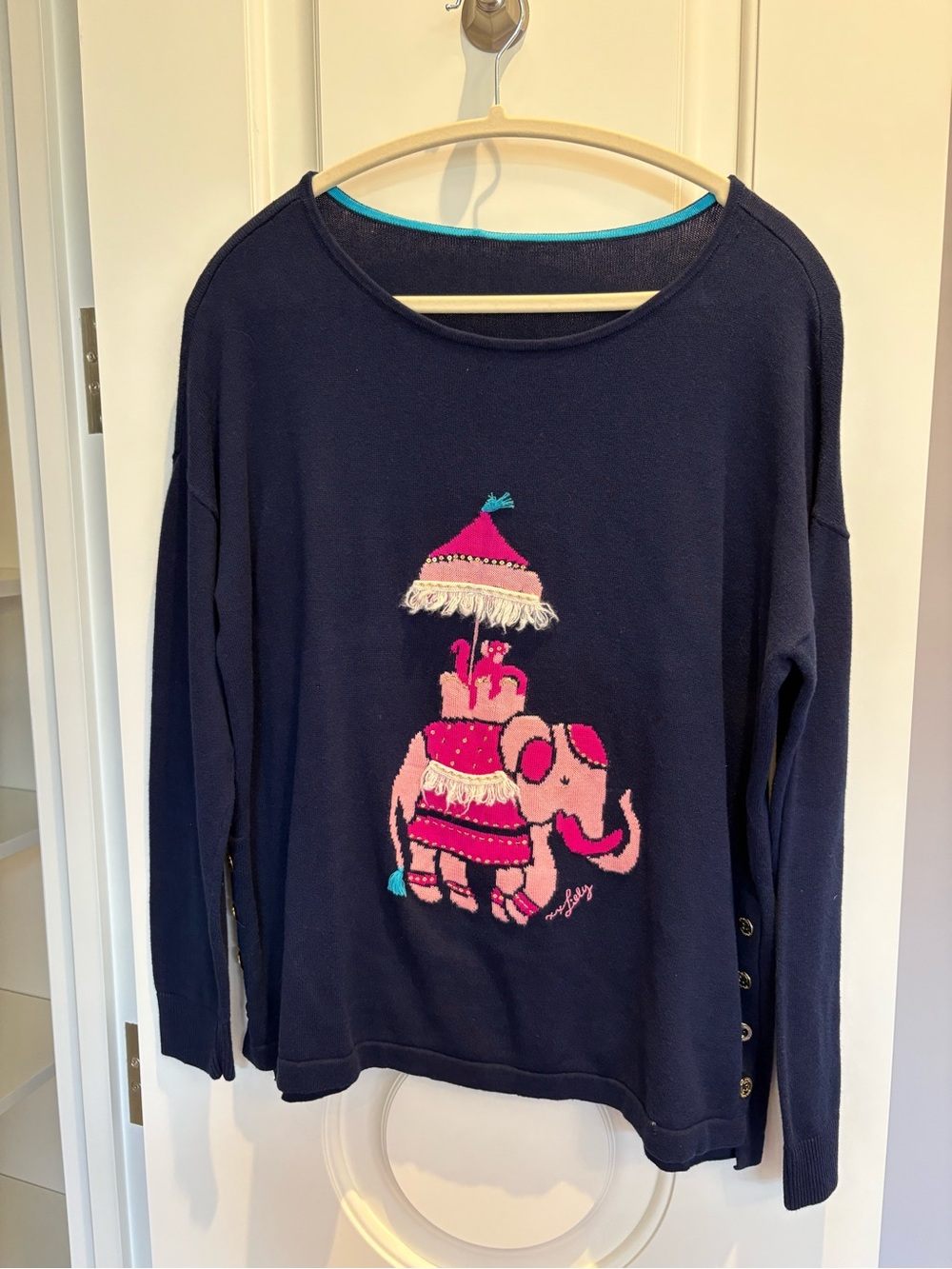 Lilly Pulitzer Navy Crewneck Sweater with Pink Elephant Motif